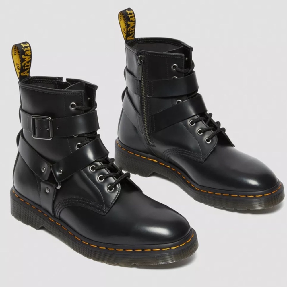 NEW! Dr Martens Cristofor Black Leather Harness Buckle Lace-up Boots